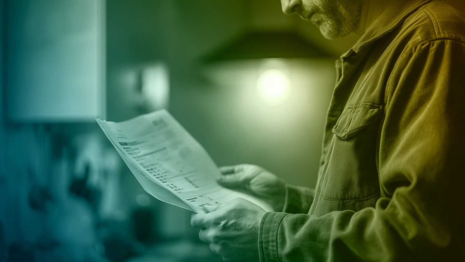 Man reviewing his electricity bill at home under warm light, representing energy costs and household budgeting.