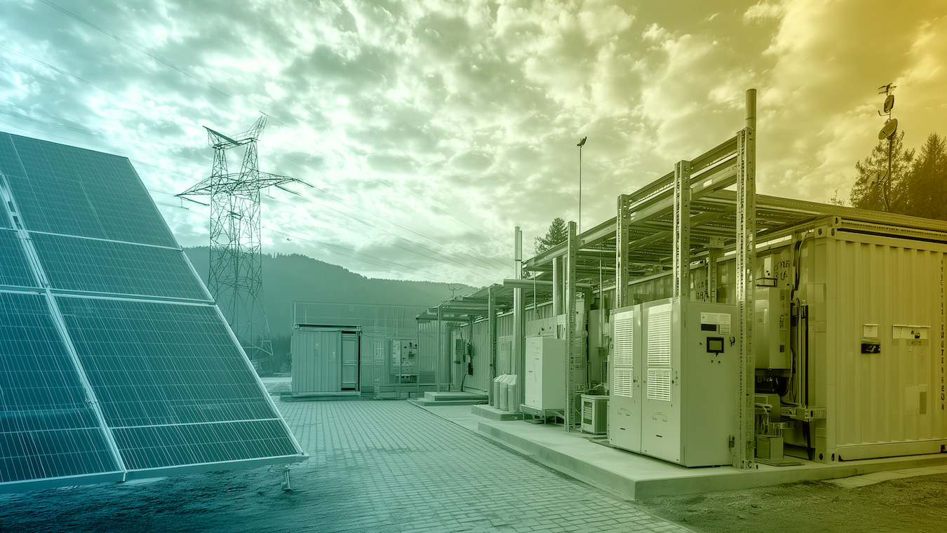 Solar power facility with photovoltaic panels and energy storage units under a partly cloudy sky, symbolizing renewable energy infrastructure.