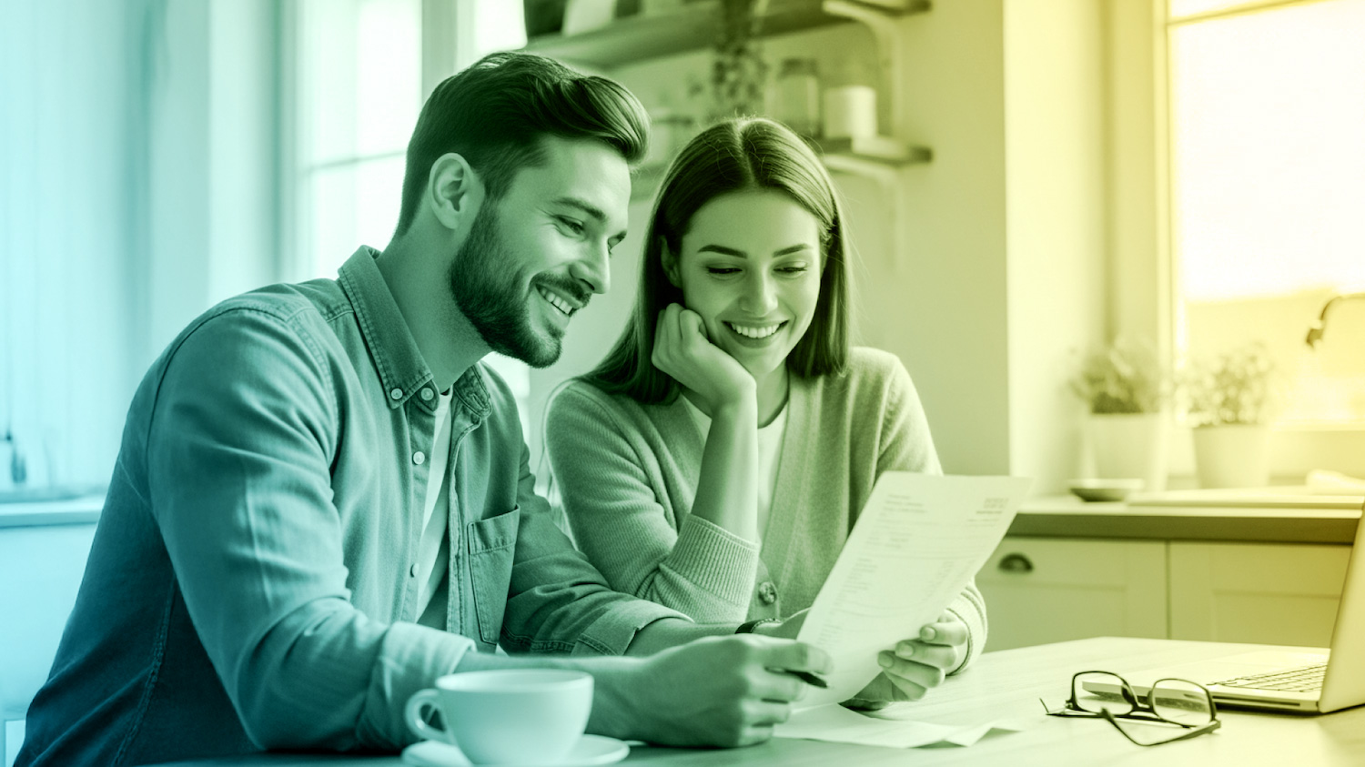 Smiling couple reviewing their electricity bill together at home, symbolizing power protection and energy assistance programs in Texas.