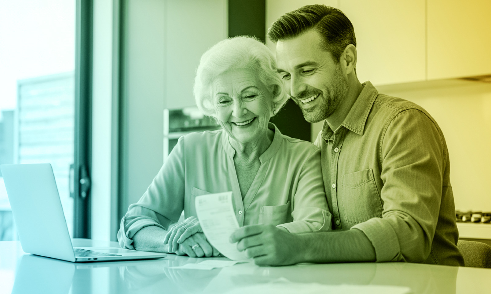 Man helping elderly woman review an electricity bill beside a laptop, representing Texas utility protections and senior energy support.