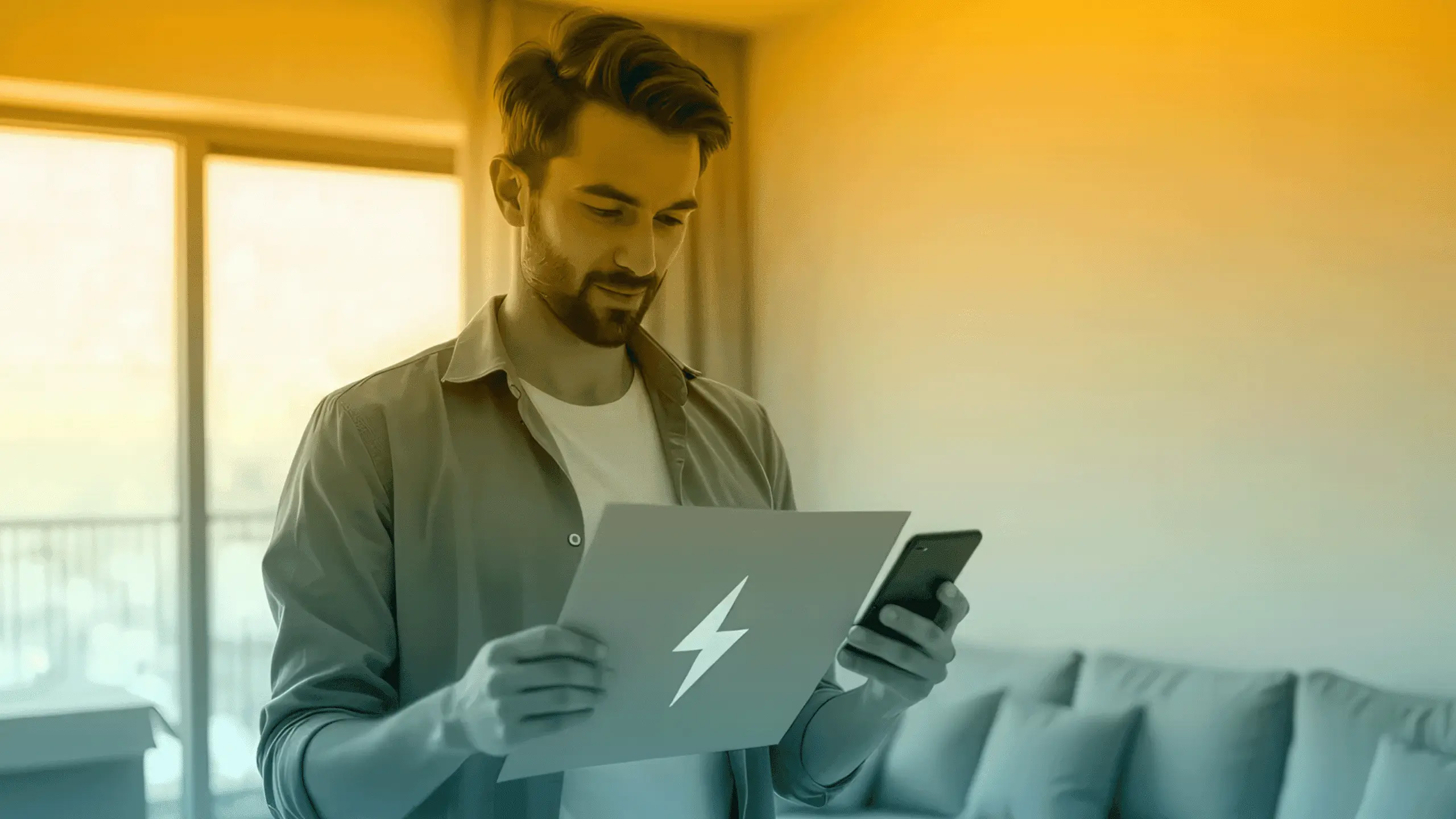 A man reviews his electricity plan details on a document and smartphone, symbolizing easy access to no-deposit electricity options.