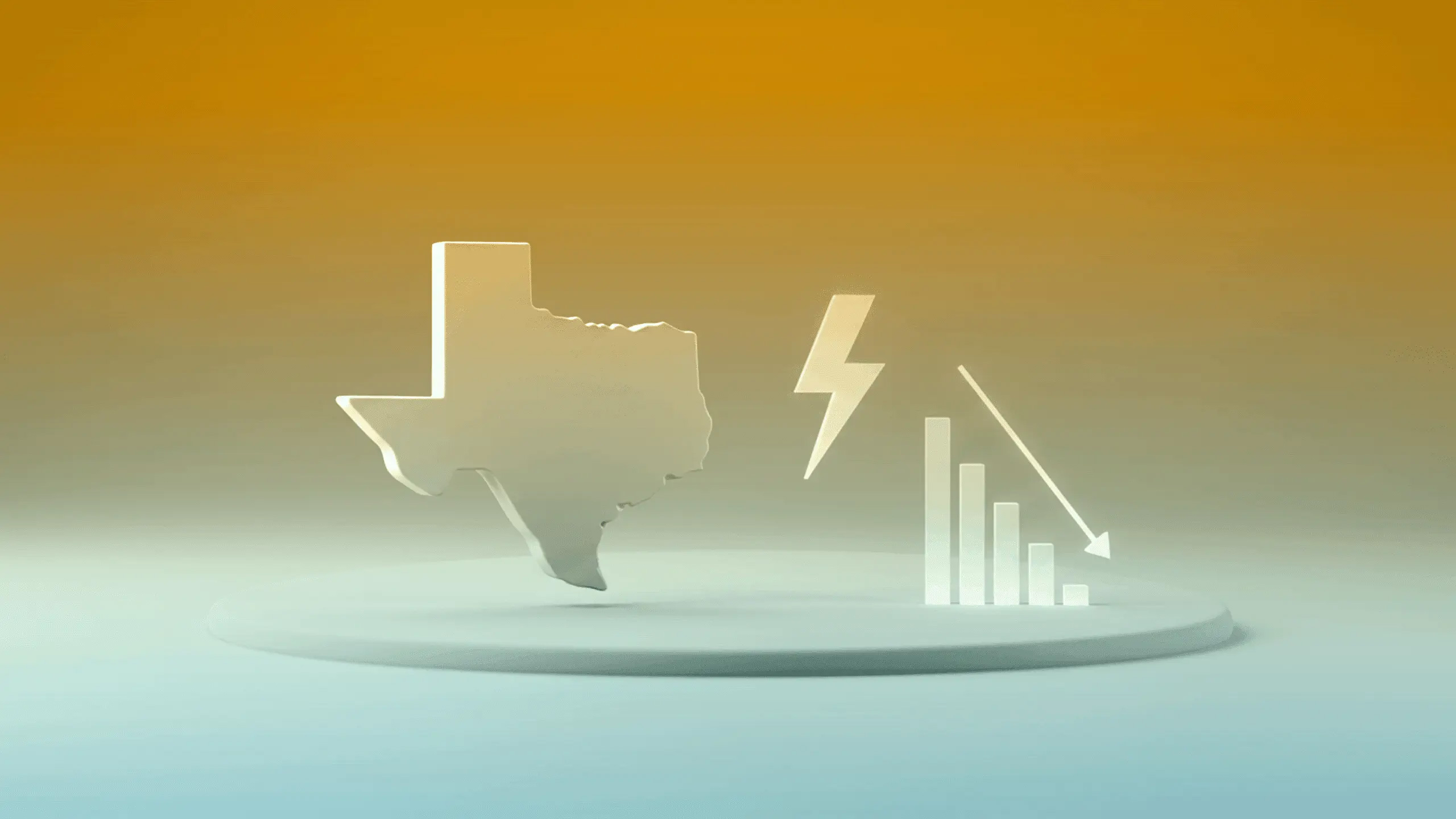 A 3D illustration of the state of Texas, a lightning bolt, and a downward graph representing lower prepaid electricity rates in Texas.