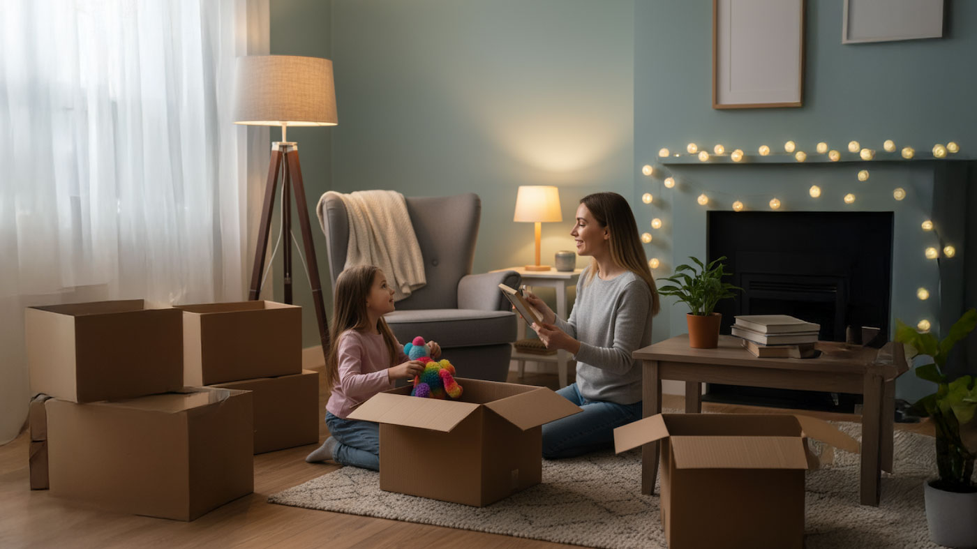 Woman and young girl sitting on the floor surrounded by moving boxes, smiling while unpacking items in a warmly lit living room with lamps and string lights.