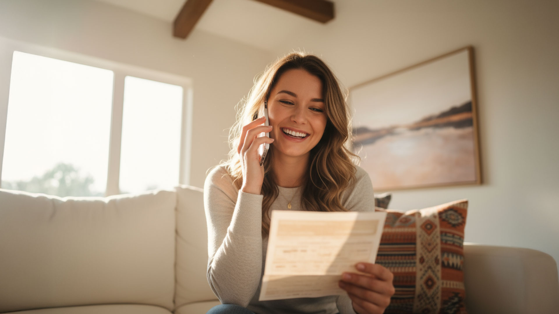 Smiling woman sitting on a couch in a sunlit living room, talking on the phone while holding a utility bill.