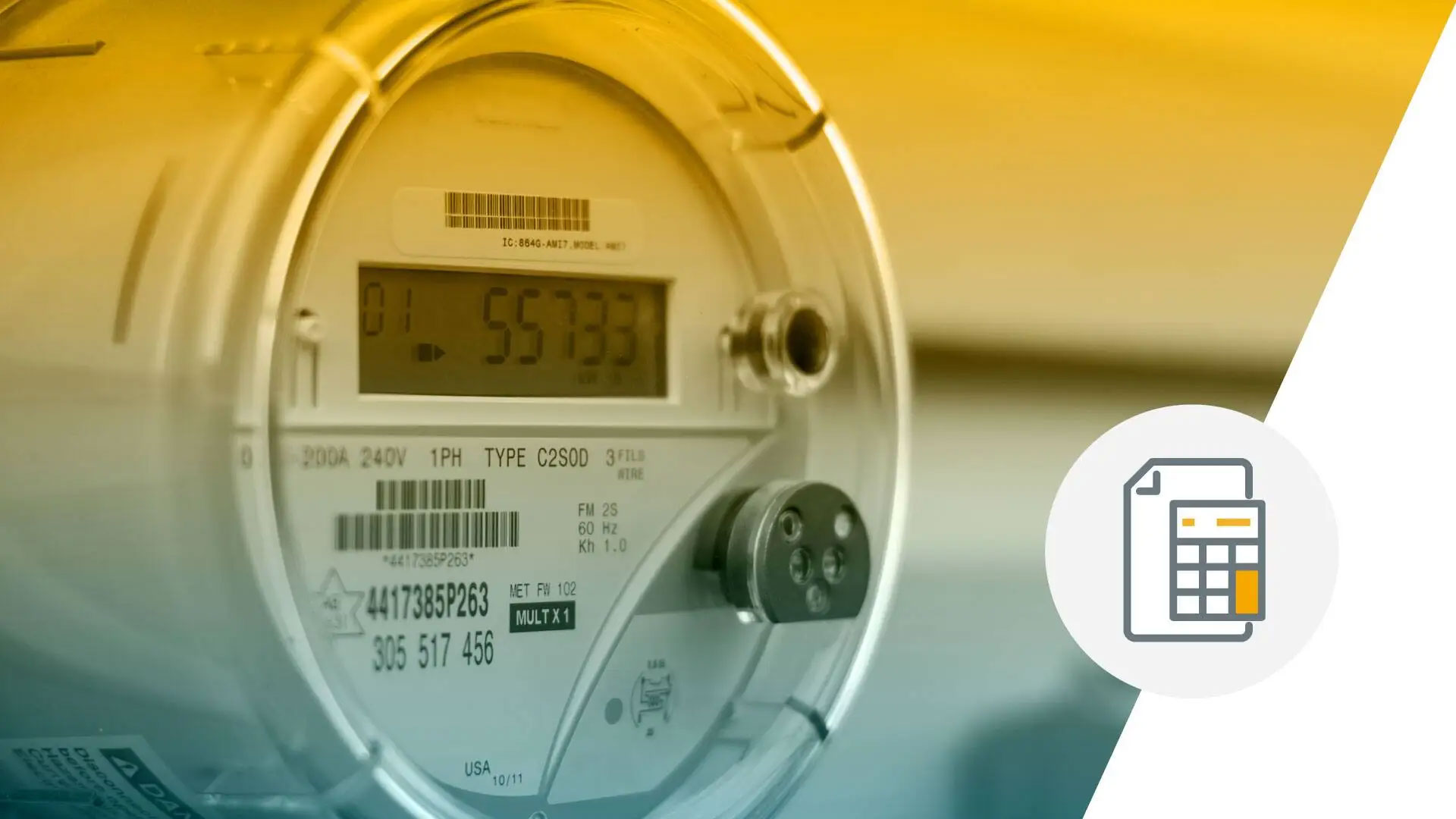 A close-up view of a digital electricity meter displaying numbers on its screen, with a warm yellow-green overlay. On the right side, an illustrated icon of a document and calculator appears inside a white circle.