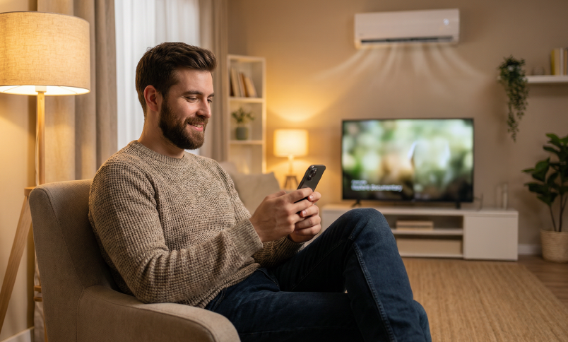 Man sitting on a couch reviewing printed bills while checking information on his smartphone in a living room.