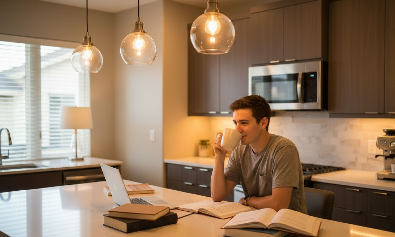 Young man sitting in a modern kitchen with pendant lights, drinking coffee while working on a laptop with books open on the counter.