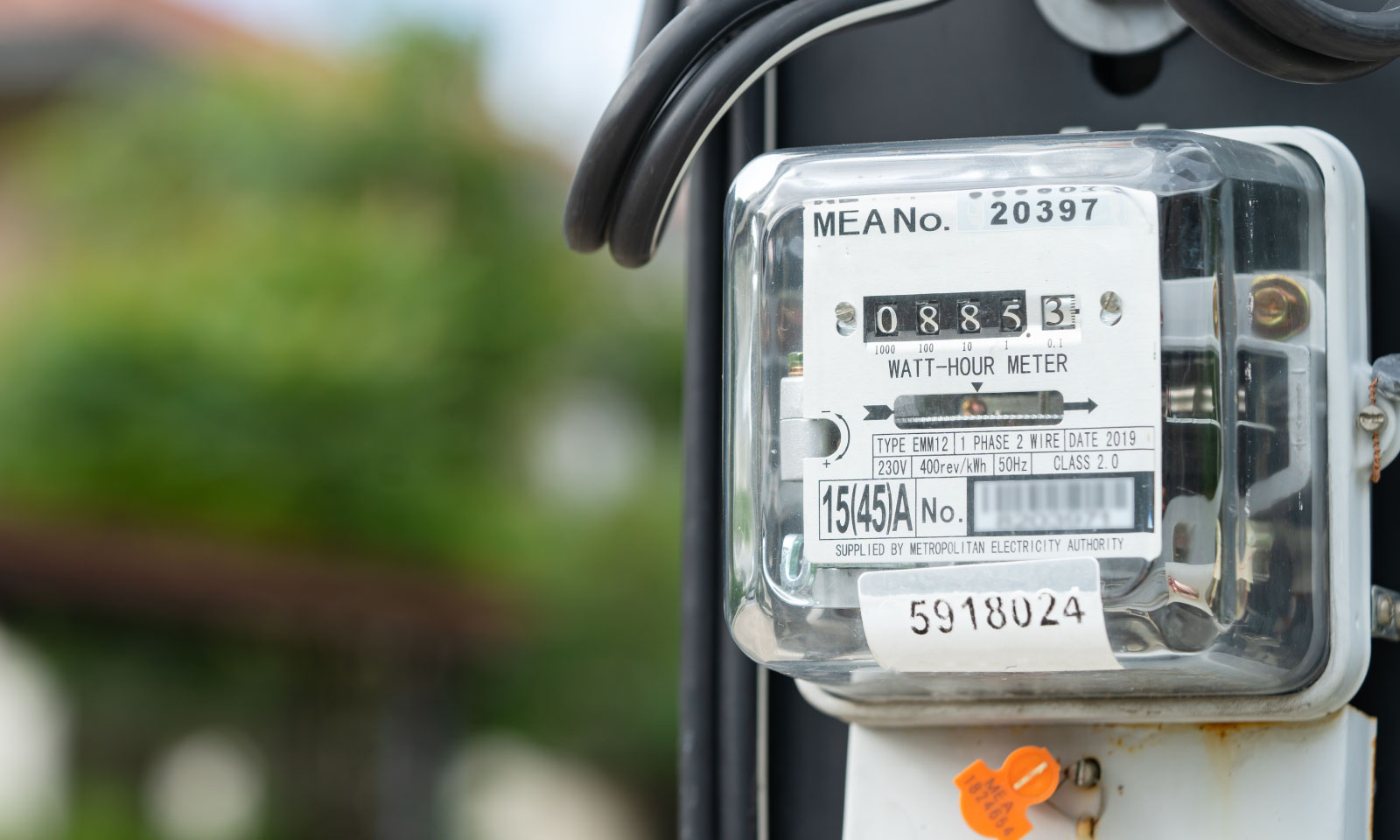 Close-up of an analog electricity meter mounted outdoors, showing numbers and technical details with a blurred background of greenery.