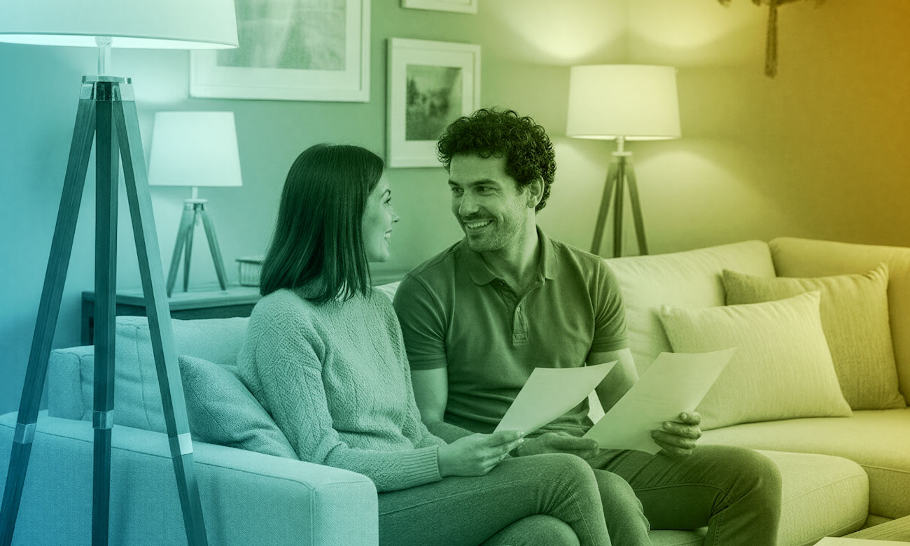 A couple sits on a couch in a warmly lit living room, smiling at each other while holding and reviewing papers together. The image has a soft blue-to-yellow gradient overlay, conveying a sense of relief or cooperation.